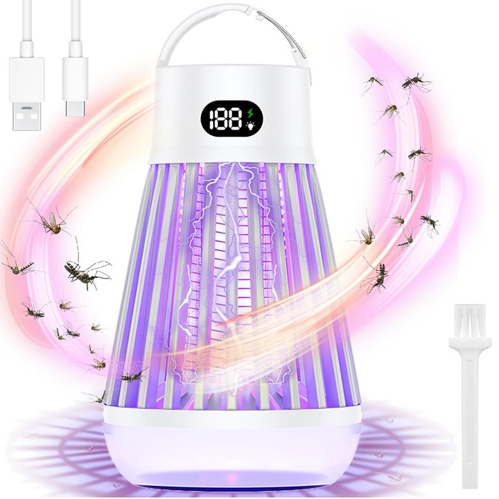 UV лампа против насекоми, Убиец на вредители, Електрическа лампа против насекоми, Електрически убиец на насекоми, Устройство против комари, USB презареждаща се лампа против насекоми с високоволтова UV светлина 2000V за вътрешна и външна употреба