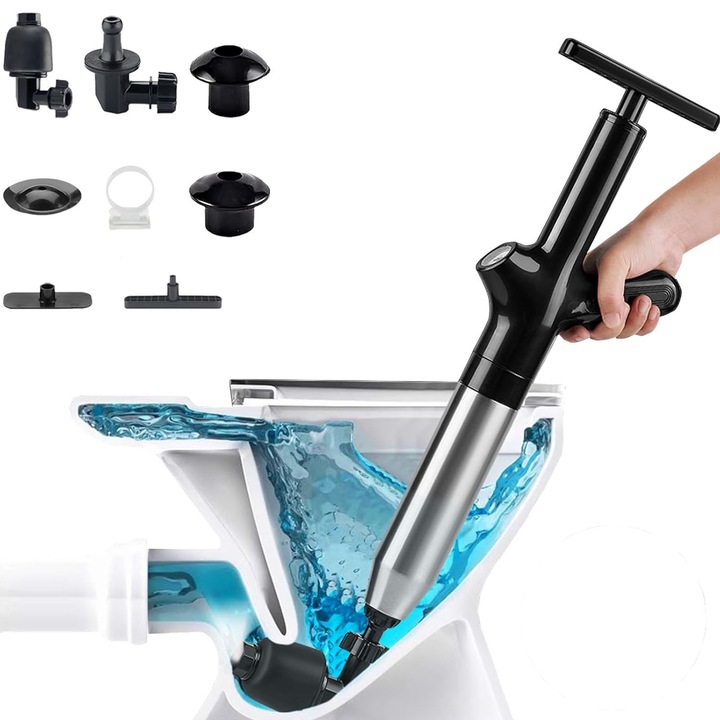 Pompa desfundat instalatii sanitare, SINBINTA, Pompa cu aer comprimat pentru deblocare tevi infundate de chiuveta, WC, Cu manometru, 8 fitinguri, Umflare rapida, ABS/Otel inoxidabil, 40 x 18.5 x 9cm, Negru