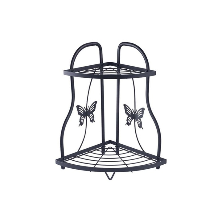 Raft de colt metalic, negru, 2 polite, model cu fluturasi, pentru bucatarie sau baie