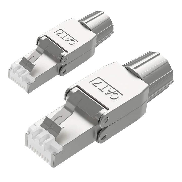 2 Bucati Conectori RJ45 CAT7 Fara Unealta, Modular Blindat - Pentru Cabluri de Retea, Instalare Rapida, Ideal Tehnicieni IT, Instalatori Cabluri, Conexiuni Stabile, Internet Viteza Mare
