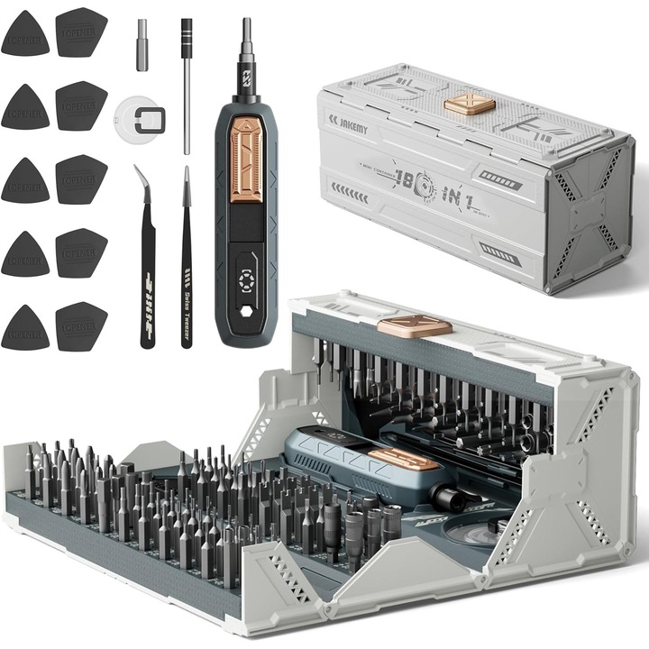 Комплект отвертки 180 в 1 с разтегателен механизъм за прецизност, Hesasa®, стоманени битове, магнитни, телескопичен удължител, с вендуза, ергономичен, неръждаема стомана/ABS, сив