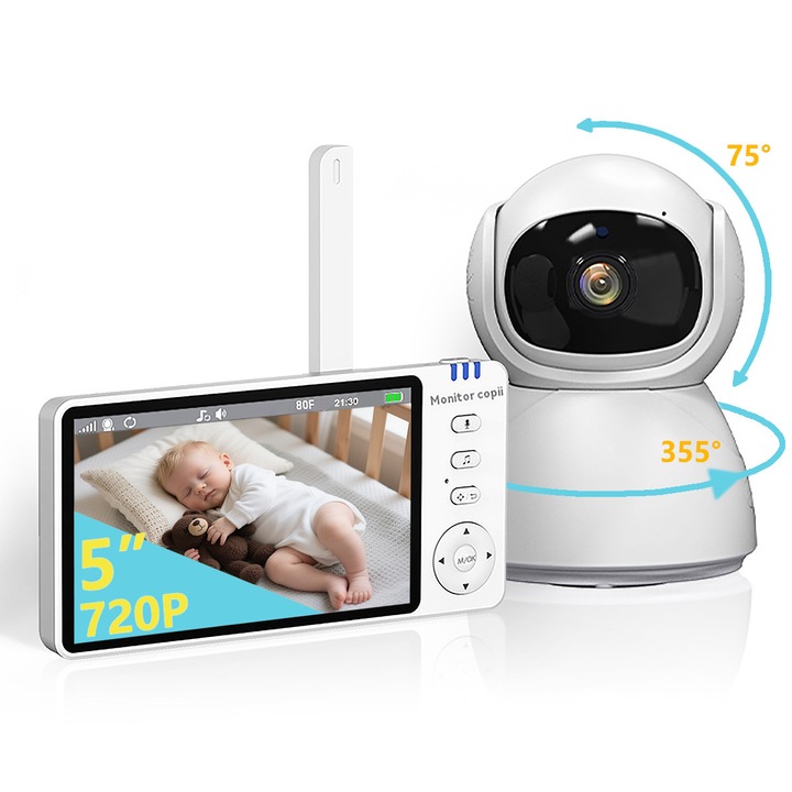 Безжичен бебефон и камера за наблюдение, Beeherb®, HD изображения, 5-инчов екран, нощен режим, разпознаване на плач, разпознаване на стайна температура, детски песнички за сън, PTZ, двупосочен разговор, бял