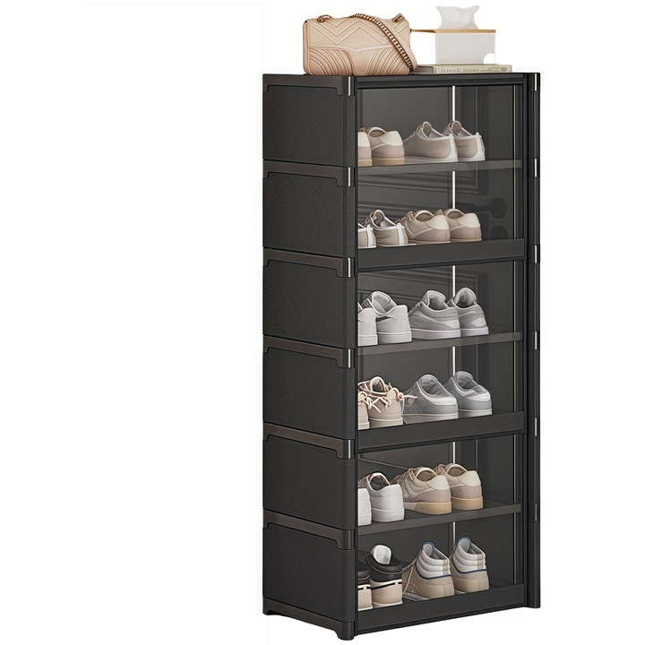 Шкаф за обувки, 7 рафта, 12 чифта, черен, 42x30x105 см