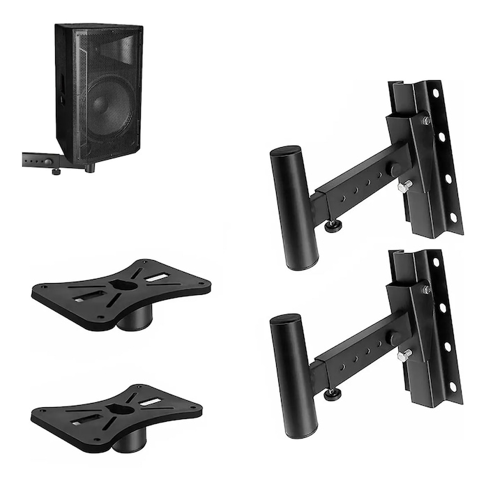 Set 2 suport profesional de perete pentru boxe, SINBINTA, Suporti pentru boxe, Reglaj orizontal, Rotire 360° grade, Inclinare 60°, Design anti-alunecare, Maxim 50KG, Pentru boxe PA, monitor de studio, Metal, 322 x 220mm, Negru