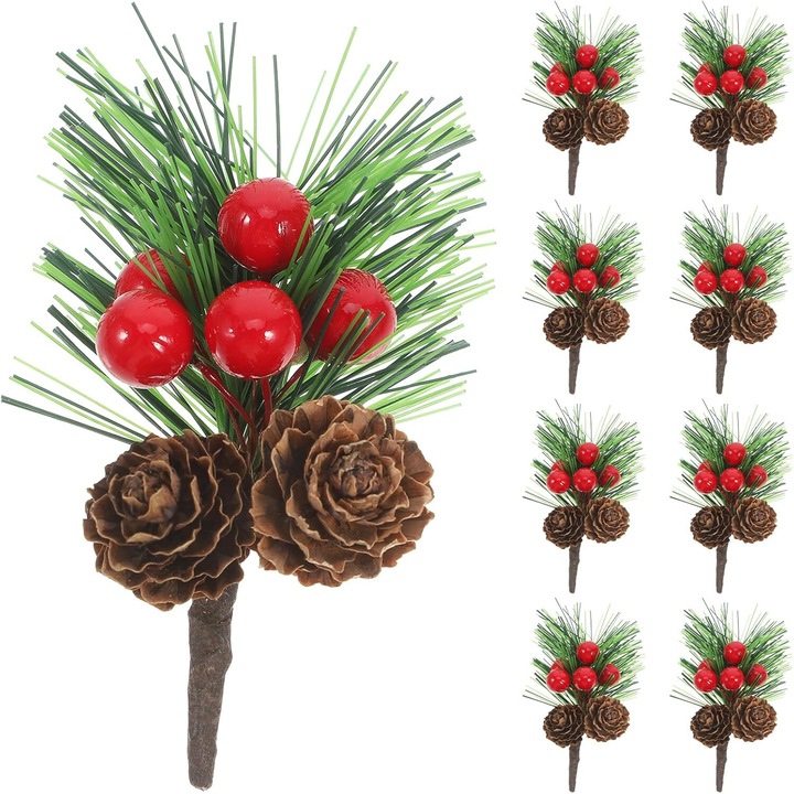 Set de 10 crengi artificiale de pin cu fructe de padure si conuri de pin, ideale pentru decorarea Craciunului