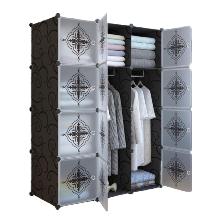 Dulap dormitor D3198N, plastic, negru + transparent, 8 compartimente, 111 x 37 x 147 cm, 1C