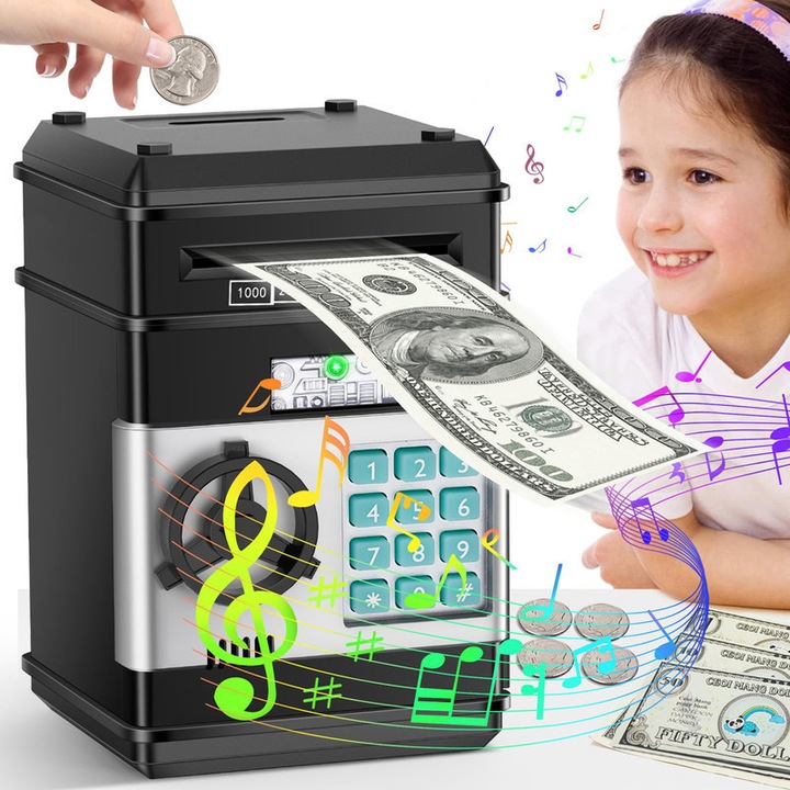 Pusculita electronica pentru copii, Pusculita tip seif pentru copii si adulti, cutie de economii cu parola, Pusculita cu parola si muzica, masina de depunere pentru copii, capacitate mare, mod muzical/silentios, 4 cifre, neagra,13.5*14*19cm
