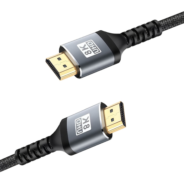 Cablu HDMI, 0,5 metri, 48 Gbps, suporta HDR dinamic, 8K/60Hz, 4K/120Hz, eARC, potrivit pentru proiectoare, laptopuri, monitoare, televizoare, PS4/PS5, negru/argintiu