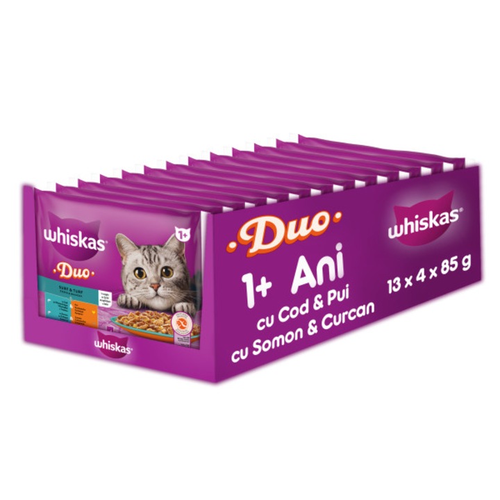 Hrana umeda pentru pisici adulte Whiskas, selectii mixte cu pui si cod, somon si curcan in aspic, 52x85g