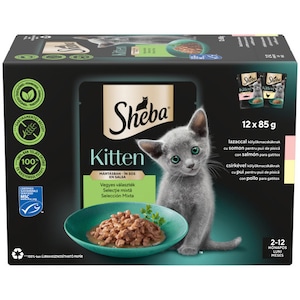 Hrana umeda pentru pisici junioare Sheba, selectie mixta cu somon, cu pui in sos, 12x 85g