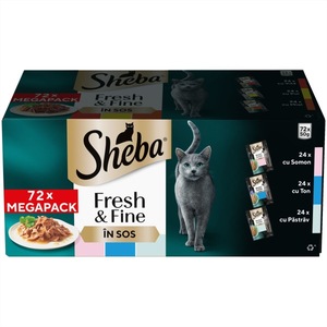 Hrana umeda completa pentru pisici adulte Sheba Fresh & Fine cu somon, ton si pastrav, 12x6x50 g