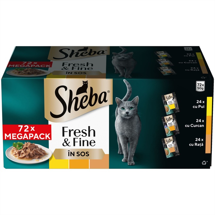 Hrana umeda completa pentru pisici adulte Sheba Fresh & Fine cu pui, curcan si rata, 12x6x50g