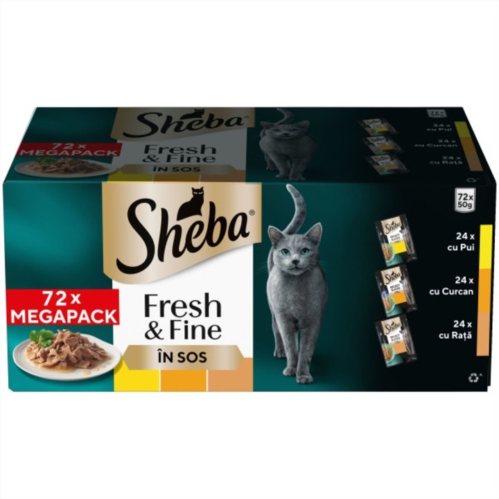 Hrana umeda completa pentru pisici adulte Sheba Fresh & Fine cu pui, curcan si rata, 12x6x50g