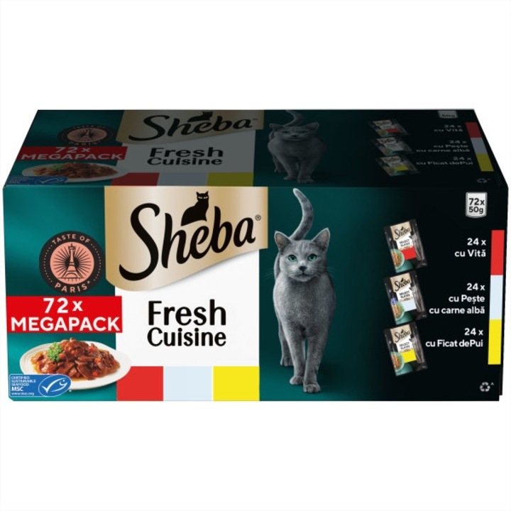 Hrana umeda pentru pisici adulte Sheba Taste of Paris, cu vita, peste si ficat de pui, 12x6x50 g