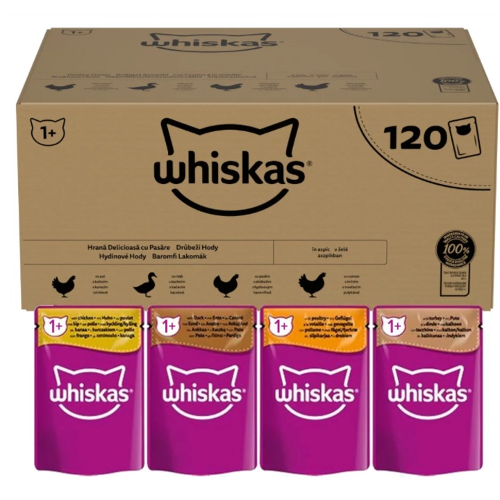 Hrana umeda pentru pisici adulte Whiskas MEGA PACK, selectii carne de pasare (pui, rata, pasare, curcan) in aspic, 120x85g