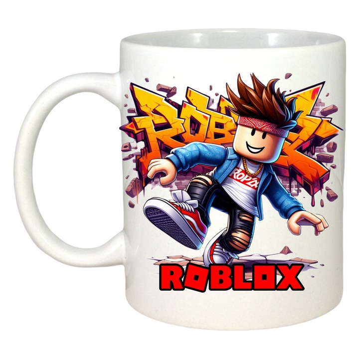 Cana personalizata cu Roblox Blaster Pixelat One, Cri-Flo, Ceramica, 330ml. Maner si interior Alb