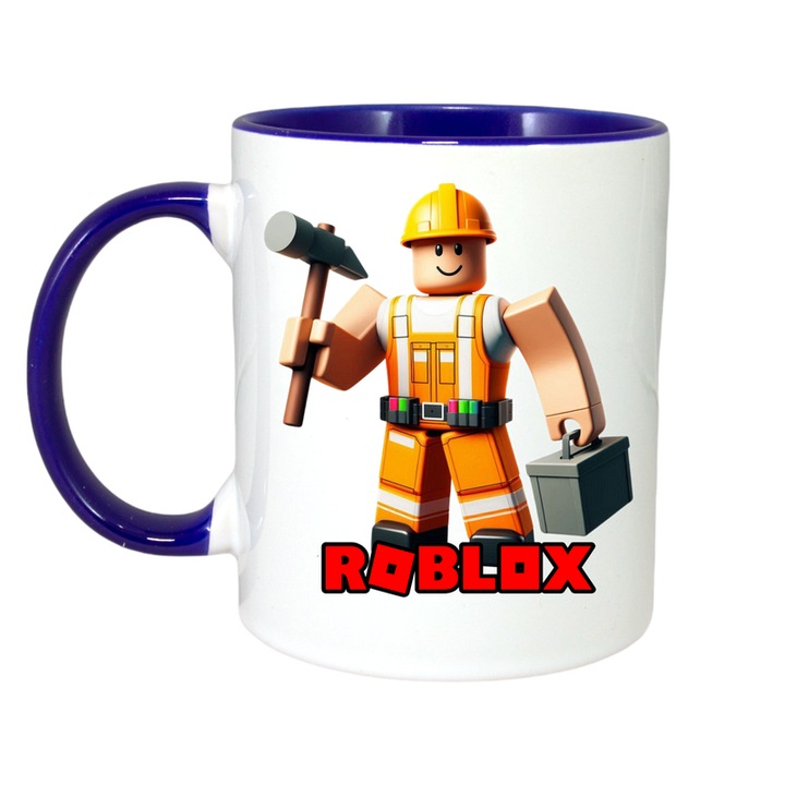 Cana personalizata cu Roblox Exploratorul Pixelat, Cri-Flo, Ceramica, 330ml. Maner si interior Albastru