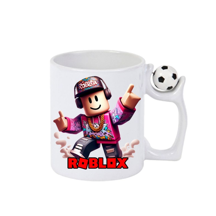 Cana personalizata cu Roblox Gardianul Din Fier, Cri-Flo, Ceramica, 330ml. Minge rotativa antistres, Maner si interior Alb-Negru