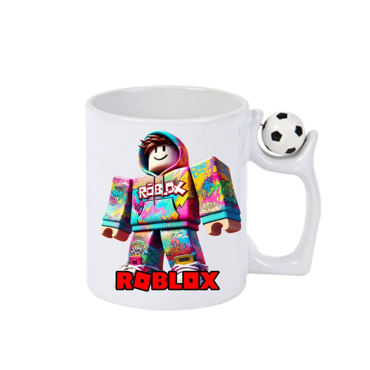 Cana personalizata cu Roblox Hanoracul Pixelat, Cri-Flo, Ceramica, 330ml. Minge rotativa antistres, Maner si interior Alb-Negru