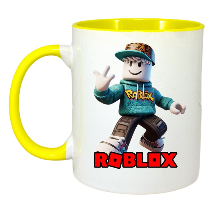 Cana personalizata cu Roblox Rangerul Zapezii, Cri-Flo, Ceramica, 330ml. Maner si interior Galben