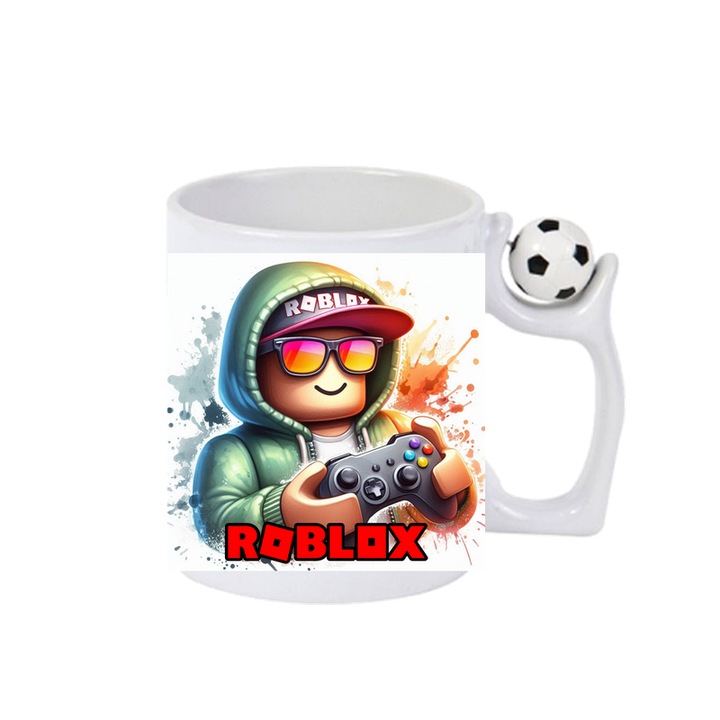 Cana personalizata cu Roblox Pilot Pixelat, Cri-Flo, Ceramica, 330ml. Minge rotativa antistres, Maner si interior Alb-Negru