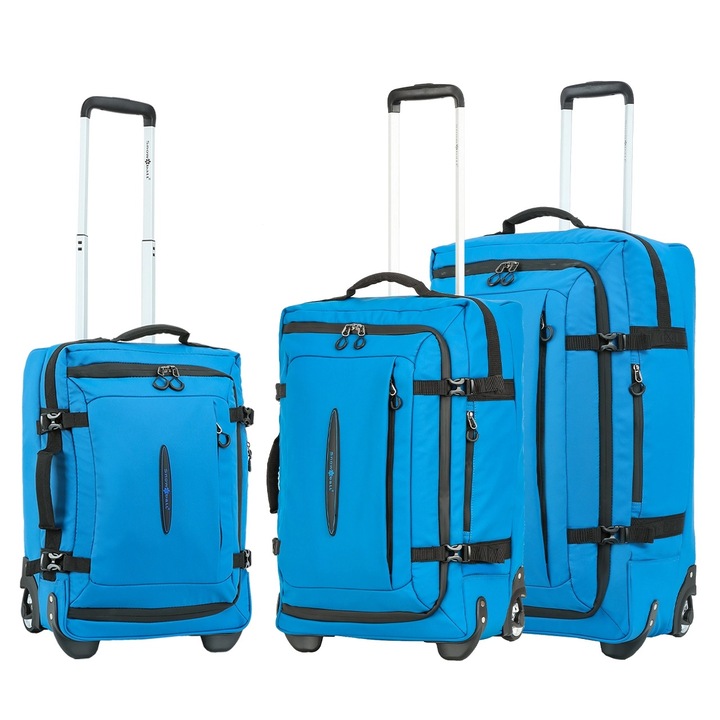 Set trolere Snowball SW42503, 1 bagaj de cabina si 2 de cala, 36L/57L/78L, 2 roti, poliester impermeabil, albastru