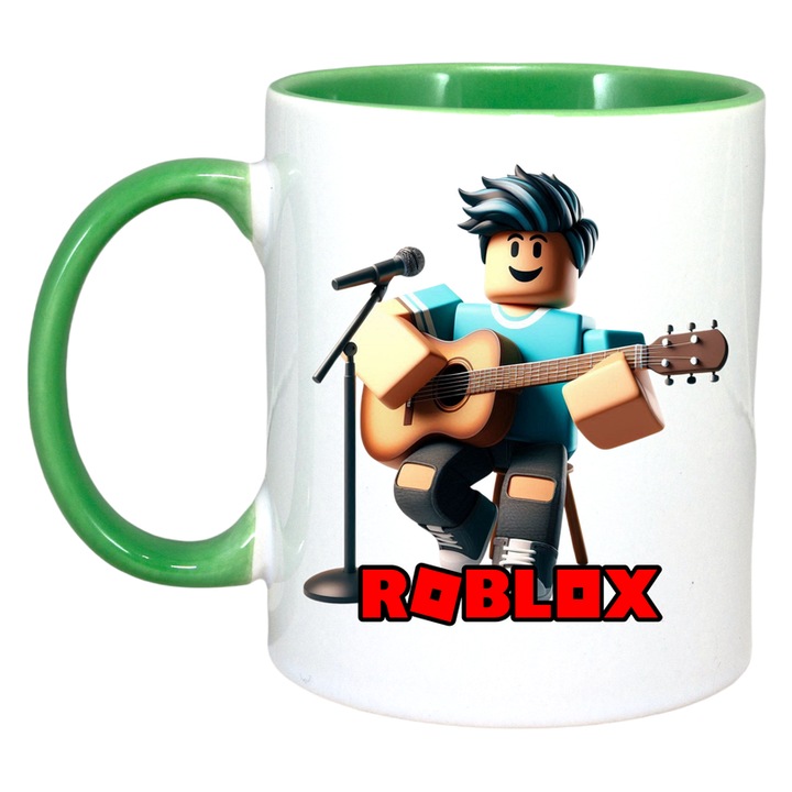 Cana personalizata cu Roblox Rockstarul Pixelat, Cri-Flo, Ceramica, 330ml. Maner si interior Verde