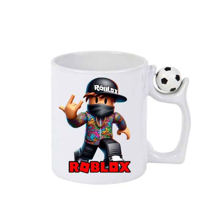 Cana personalizata cu Roblox Regele Dino, Cri-Flo, Ceramica, 330ml. Minge rotativa antistres, Maner si interior Alb-Negru
