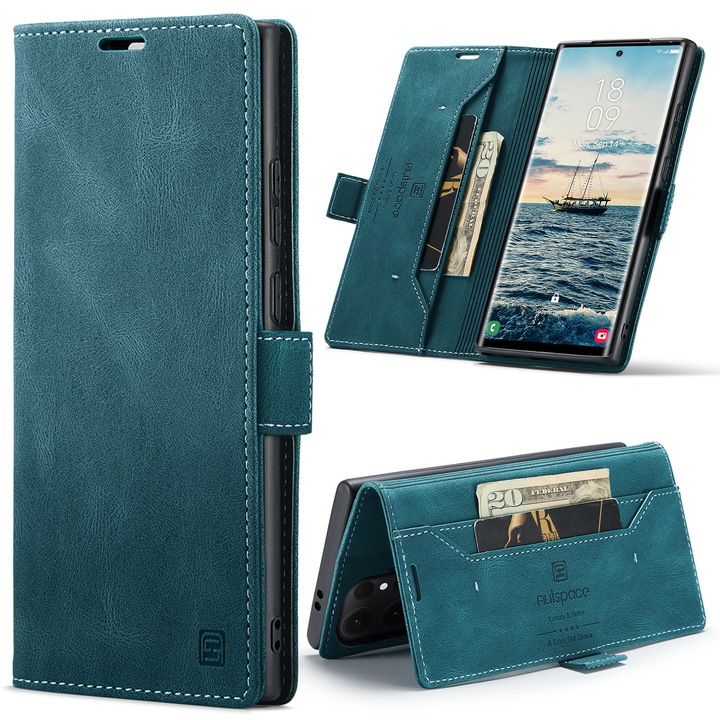 Husa pentru Samsung Galaxy S25 Ultra, CaseMe Retro, slim, piele, tip portofel, stand, inchidere magnetica, textura moale, protectie RFID, Albastru