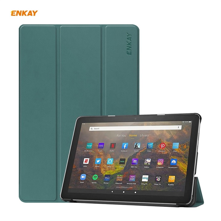 Husa tableta pentru Amazon Fire HD 10 / 10 Plus (2021), piele PU + plastic, tip carte cu suport pliere tripla, inchidere magnetica, verde