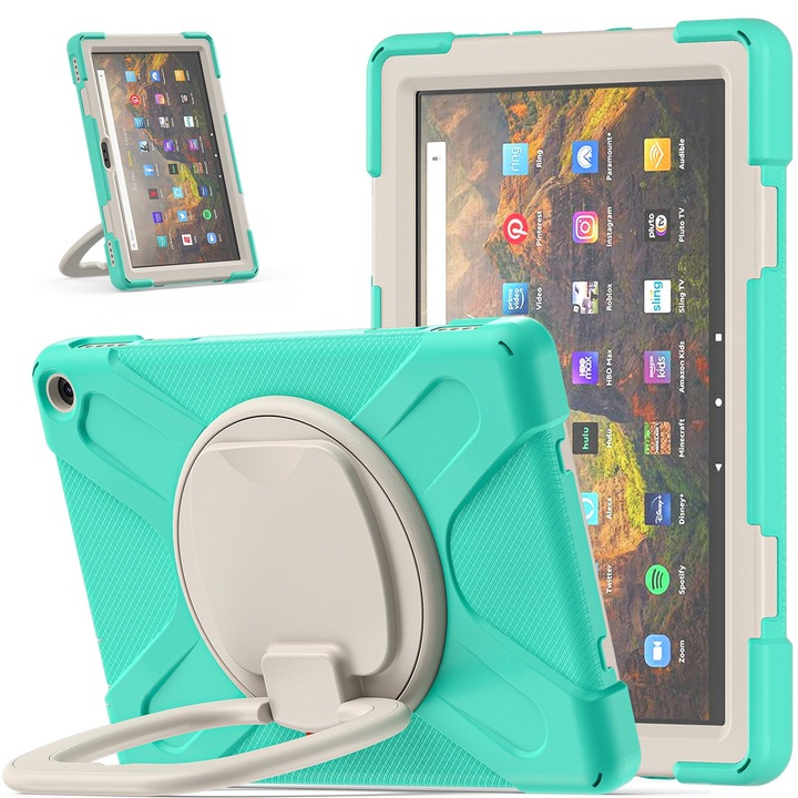 Husa tableta pentru Amazon Kindle Fire HD 10 2021, silicon + PC, cu suport si curea de umar, verde menta