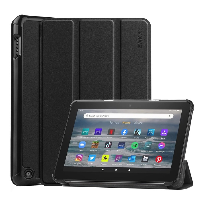 Husa tableta pentru Amazon Fire 7 12th 2022, piele inteligenta ENKAY, tip carte cu suport, inchidere magnetica, acces complet la porturi, negru