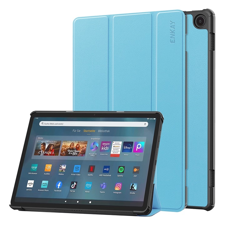 Husa tableta pentru Amazon Fire Max 11 ENKAY, piele texturata de custer tri-fold, smart, albastru deschis