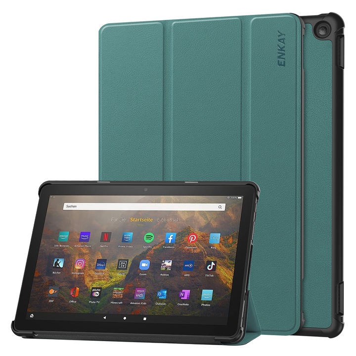 Husa tableta pentru Amazon Fire HD 10 2023, ENKAY Tri-fold Textura Piele Smart Case, Verde inchis