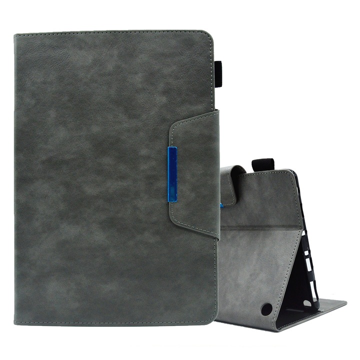 Husa tableta pentru Amazon Fire HD 10/ HD 10 Plus 2021, textura in crucis din piele catifelata, clapeta magnetica, gri