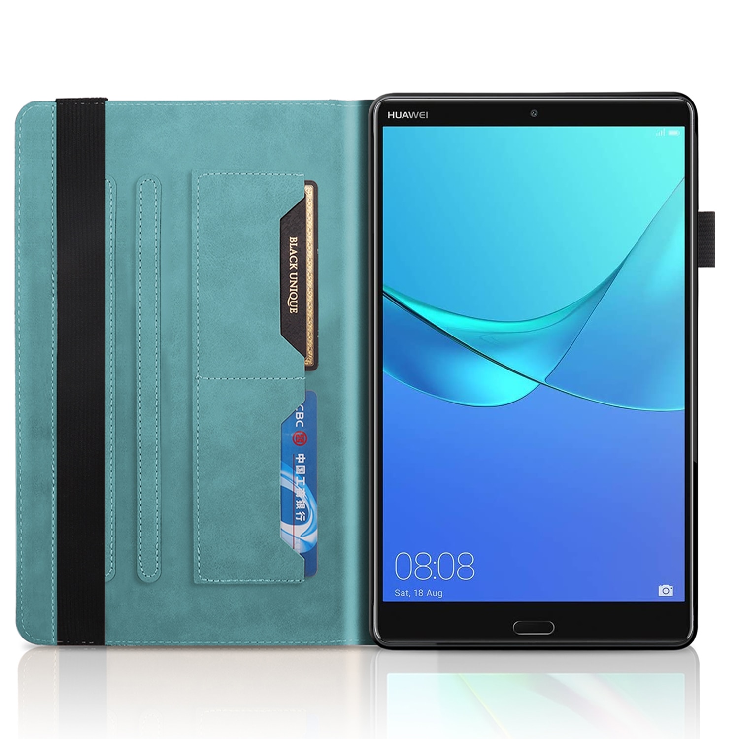 Husa tableta pentru Huawei MediaPad M5 10.8 inch, piele PU, tip carte orizontal cu suport, sloturi card & pix, albastru lacustru