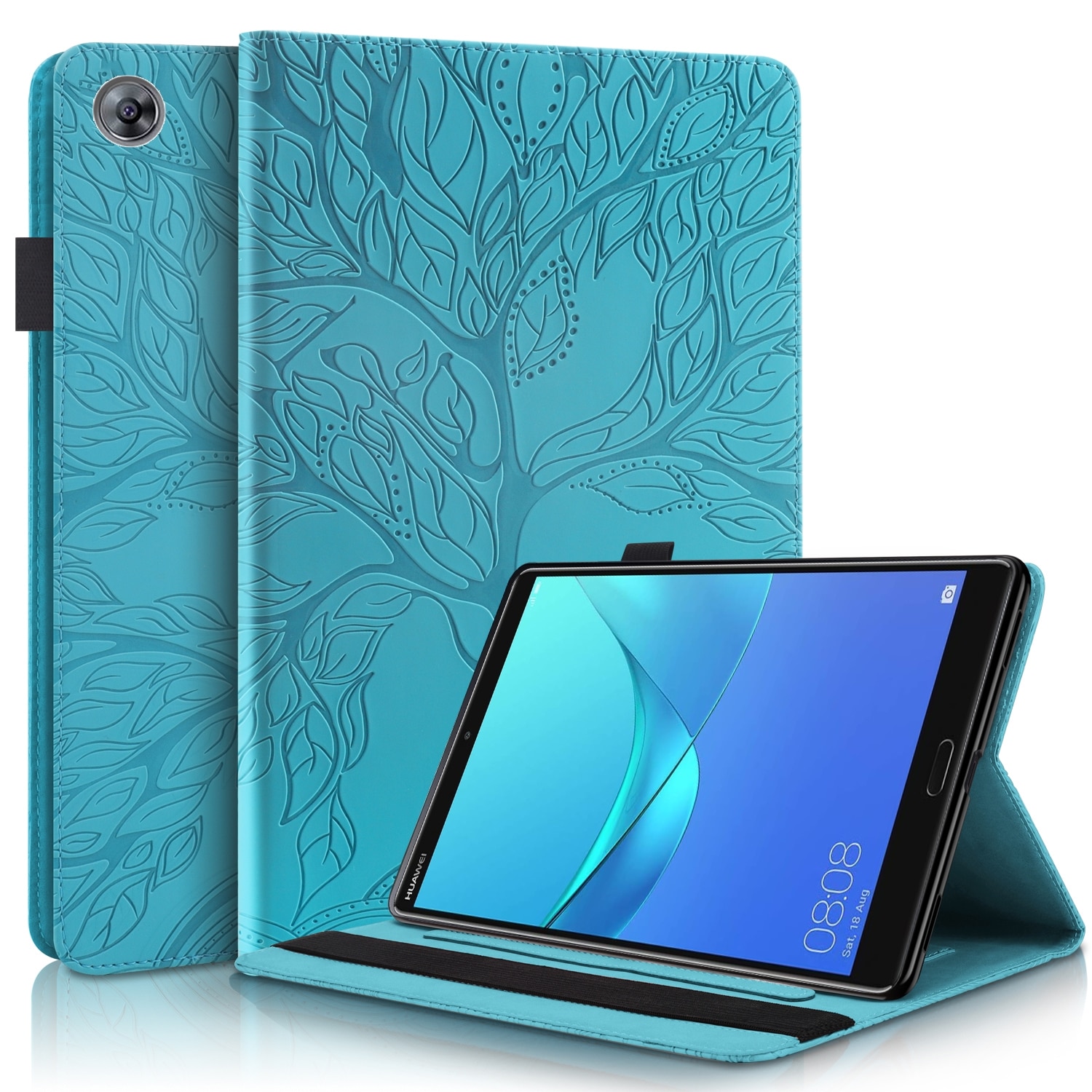 Husa tableta pentru Huawei MediaPad M5 10.8 inch, piele PU, tip carte orizontal cu suport, sloturi card & pix, albastru lacustru