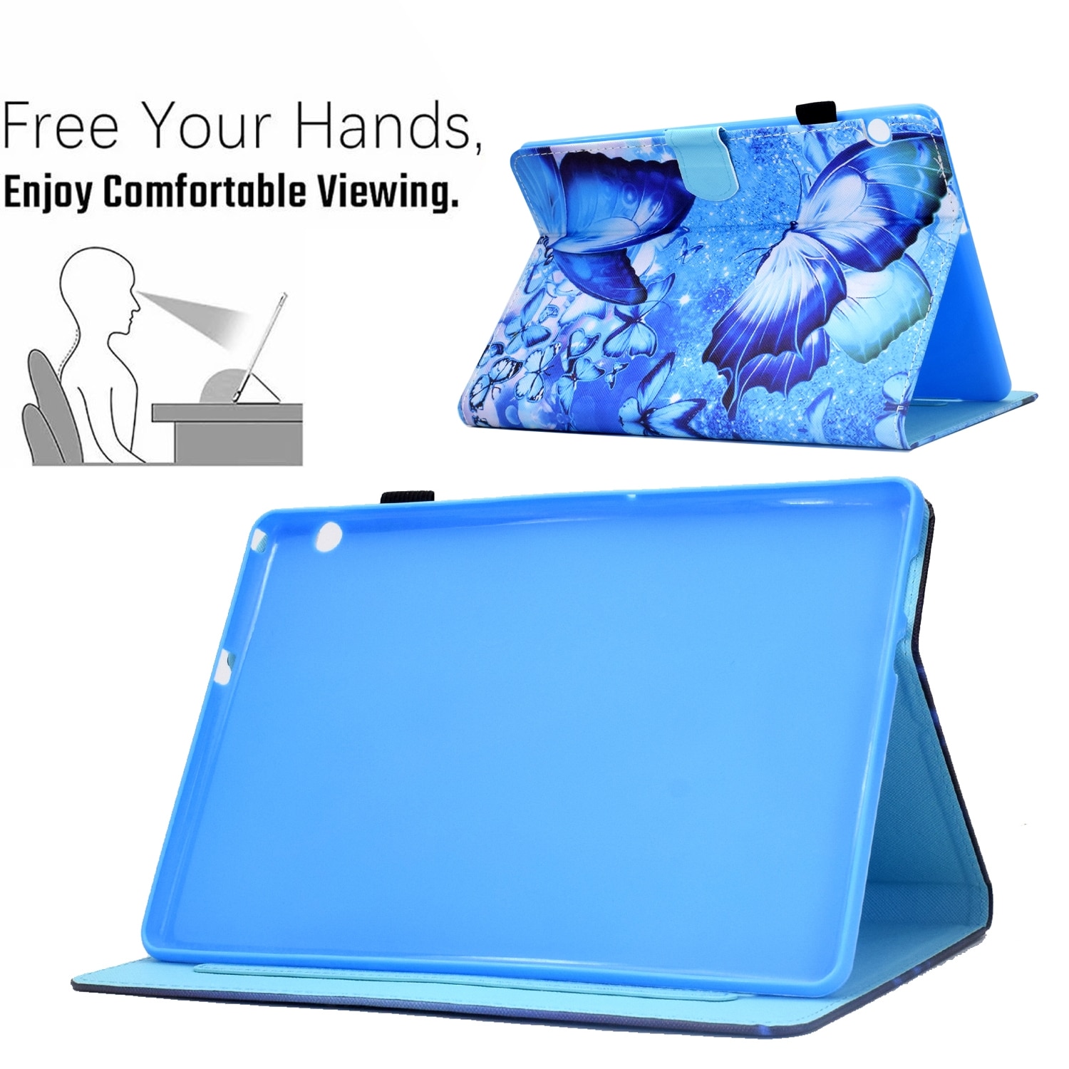 Husa tableta pentru Huawei MediaPad T3 10, piele, tip carte cu suport, slot pentru stilou, design cusut, fluturi