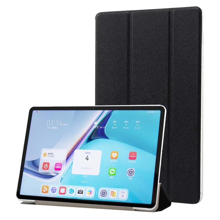 Husa tableta pentru Huawei MatePad Pro 11 2022, piele textura matase cu suport pliabil in trei, Negru