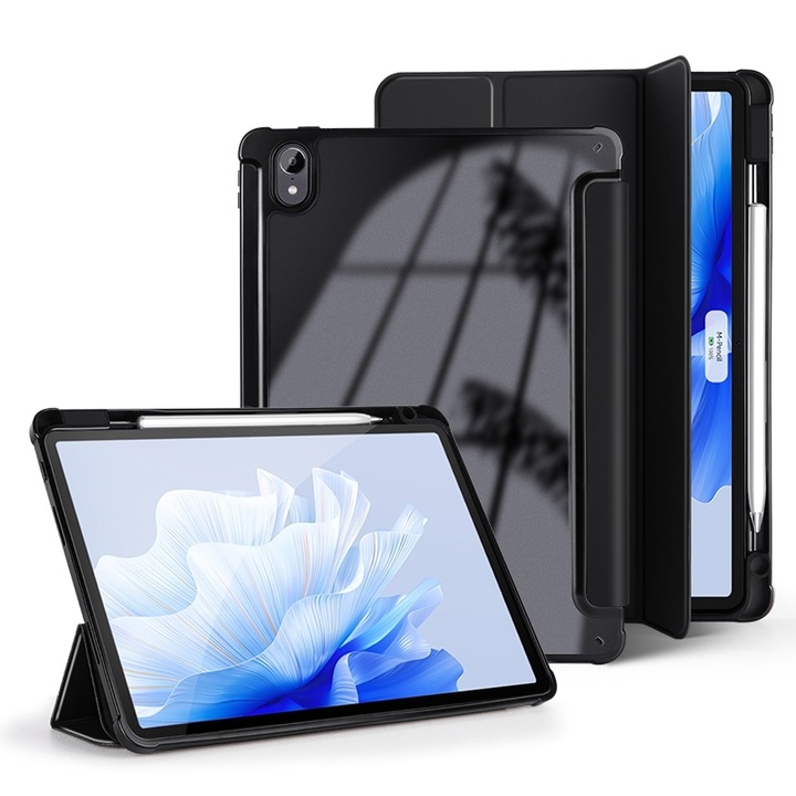 Husa tableta pentru Huawei MatePad Air 11.5 inch, acril transparent, piele, tip carte 3 pliuri, auto sleep/wake, protectie anti-zgarieturi, negru