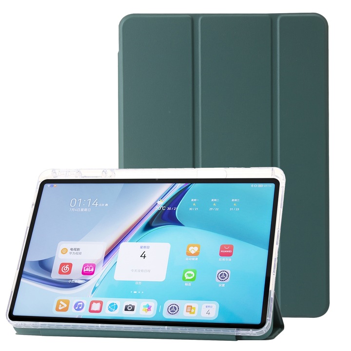 Husa tableta pentru Huawei MatePad 11 2021 / 2023, acril transparent 3 plieri piele (verde inchis)