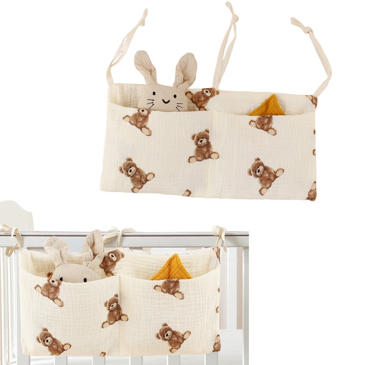 Organizator patut, AllizBan®, cu 2 buzunare, din bumbac, model ursulet, 39x20cm, Bej