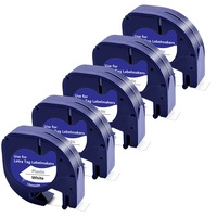 Set de 5 banda de etichete compatibila Dymo LetraTag - 12mm x 4m Negru pe Alb din plastic, se potriveste cu LetraTag LT-100H, LT-100T, XR, XM, 200B. Echivalent cu Modelul 91221