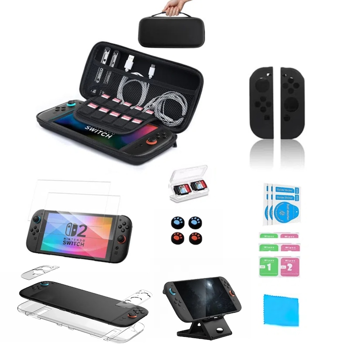 24 az 1-ben Super Kit szett, Nintendo Switch 2 hordtáska, 2 db-os képernyővédő fólia szett, fekete