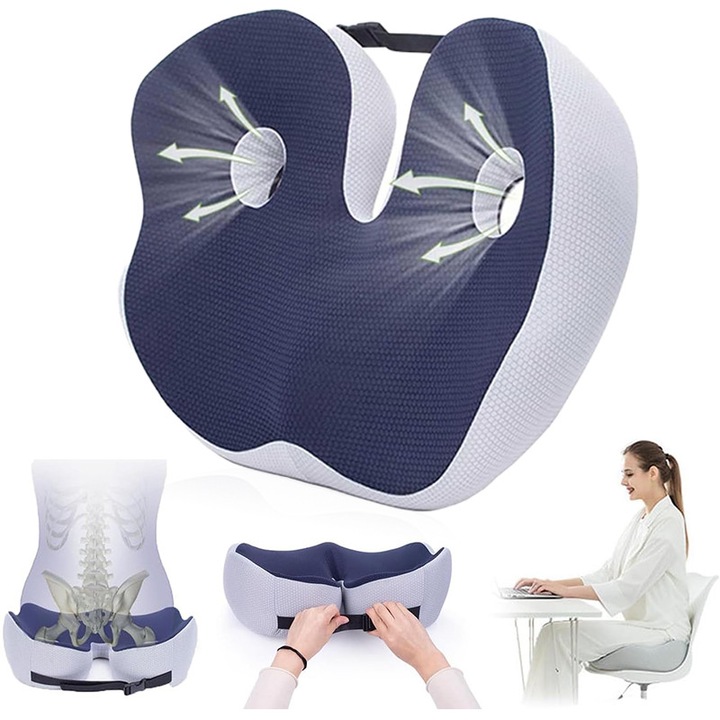 Perna ortopedica sezut, 48*39*14cm, Spuma cu memorie Premium, pentru scaun de birou sau masina, husa detasabile, respirabila si antialunecare, protectie zona Lombara, Sciatica, Dureri de sold, Hemoroizi