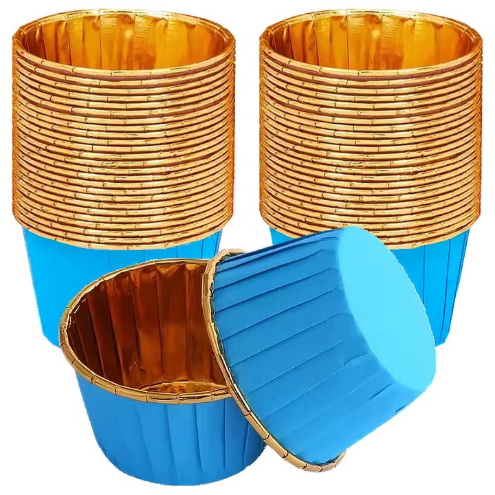 Set 50 de Forme de Copt pentru Briose si Cupcake, 50x40mm, din Hartie si Aluminiu, Rezistente, Albastru-Auriu