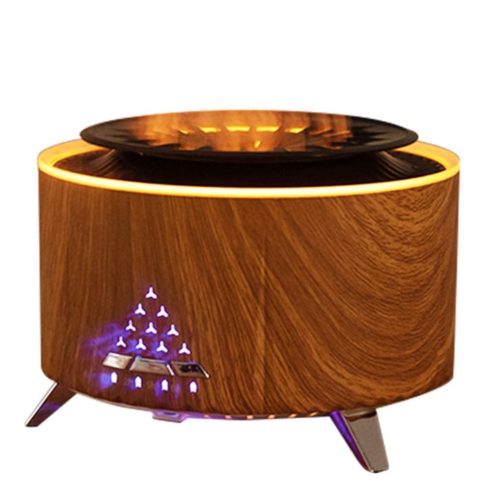 V28 Umidificator de interior cu functie audio Bluetooth, difuzor de aroma cu ultrasunete cu pulverizare rotunda, umidificator de aer cu efecte multiple de flacara, telecomanda, efect de temporizare, cadou frumos, cereale din lemn