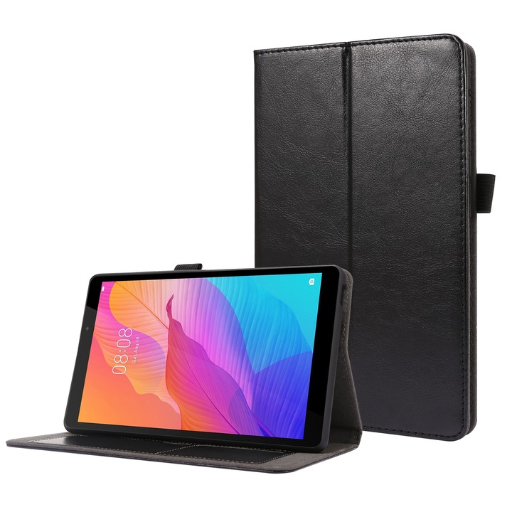 Husa tableta pentru Huawei MatePad T8, textura de piele Crazy Horse, tip carte cu suport 2 plieri & slot card, Negru