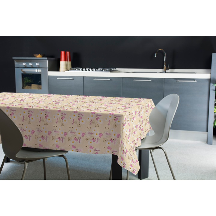 Fata de masa impermeabila Felpata 222, model floral, PVC, bej + roz, 160 x 120 cm