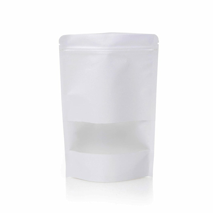 Set 100 Pungi tip stand-up pouch cu fereastra si fermoar ziplock, MSG, albe, 11x18x7 cm